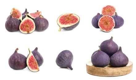 Image of Set with tasty ripe whole and cut figs on white background