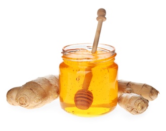 Photo of Ginger and honey on white background. Natural cold remedies