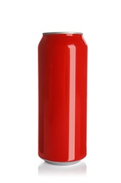 Photo of Red aluminum can with drink isolated on white