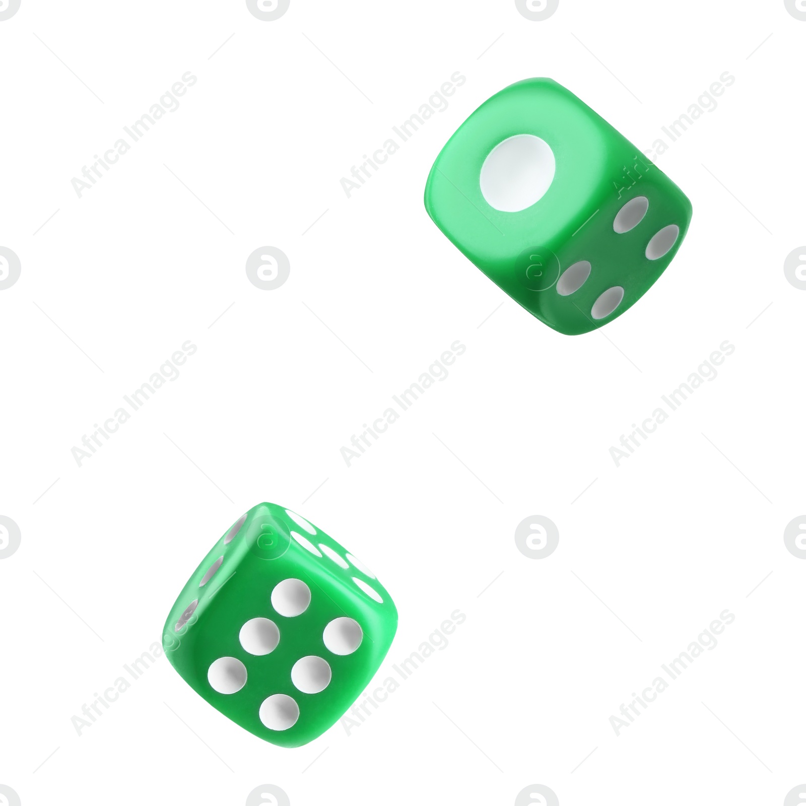 Image of Two green dice in air on white background