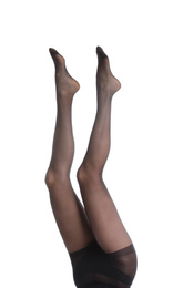Photo of Woman wearing black tights isolated on white, closeup of legs
