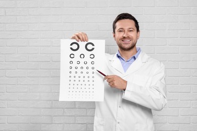 Photo of Ophthalmologist pointing at vision test chart near white brick wall