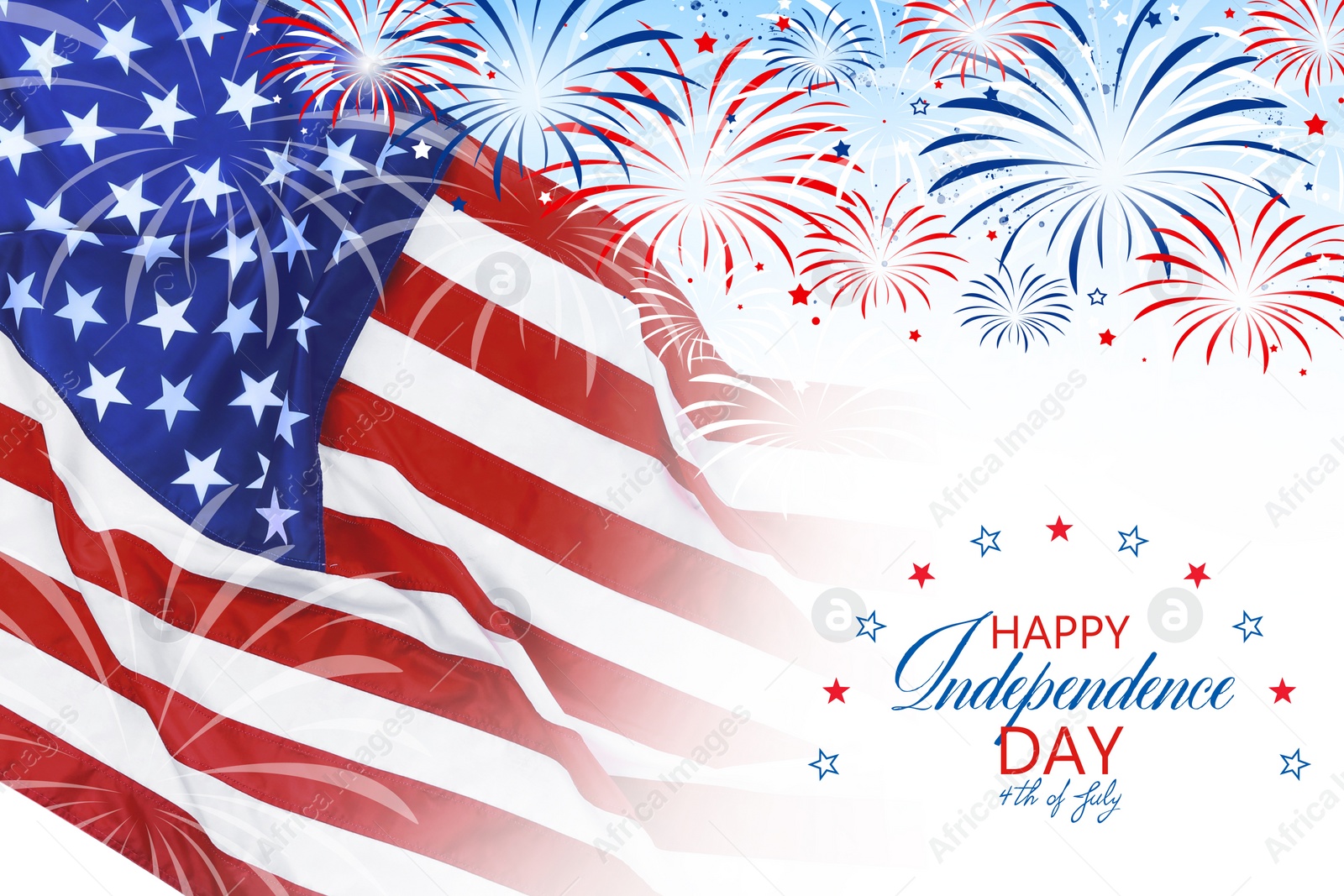 Image of 4th of july - Independence Day of USA. American national flag and fireworks on white background 