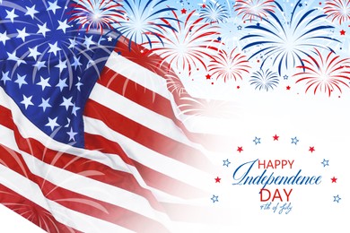 Image of 4th of july - Independence Day of USA. American national flag and fireworks on white background 