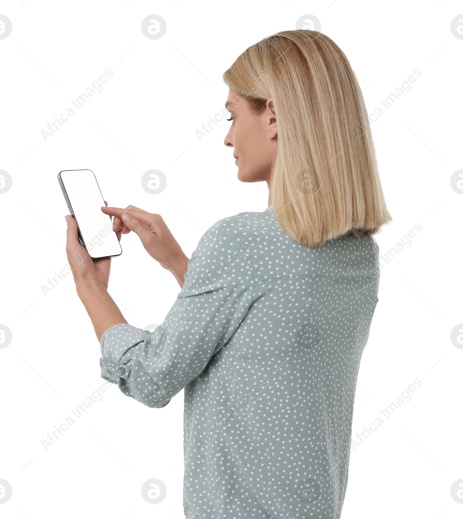 Photo of Woman using smartphone with blank screen on white background