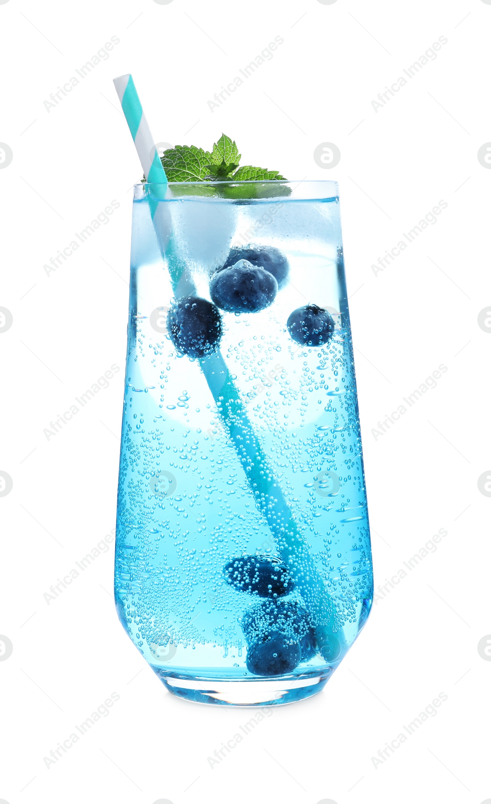 Photo of Delicious blueberry lemonade made with soda water  isolated on white