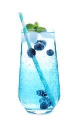 Photo of Delicious blueberry lemonade made with soda water  isolated on white