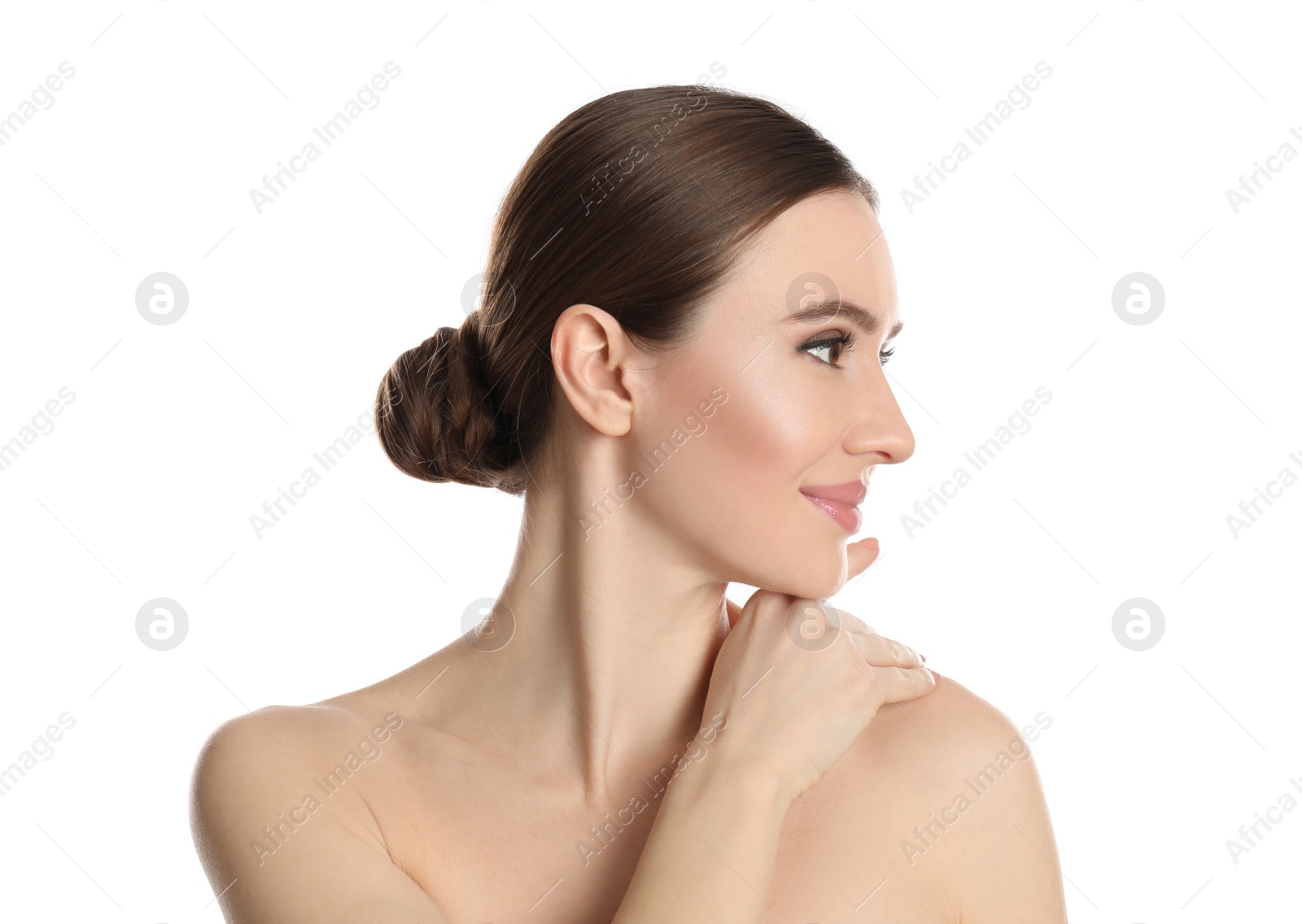 Photo of Young woman with beautiful face on white background