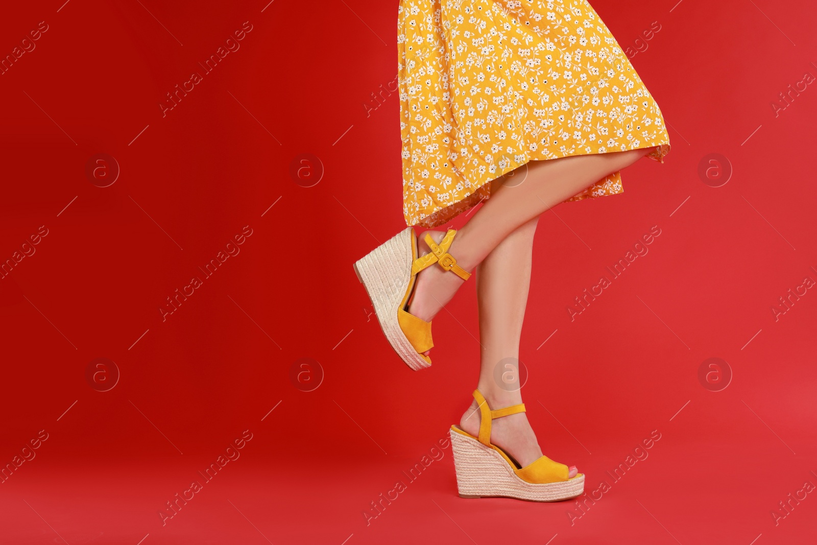 Photo of Woman in stylish shoes on red background. Space for text