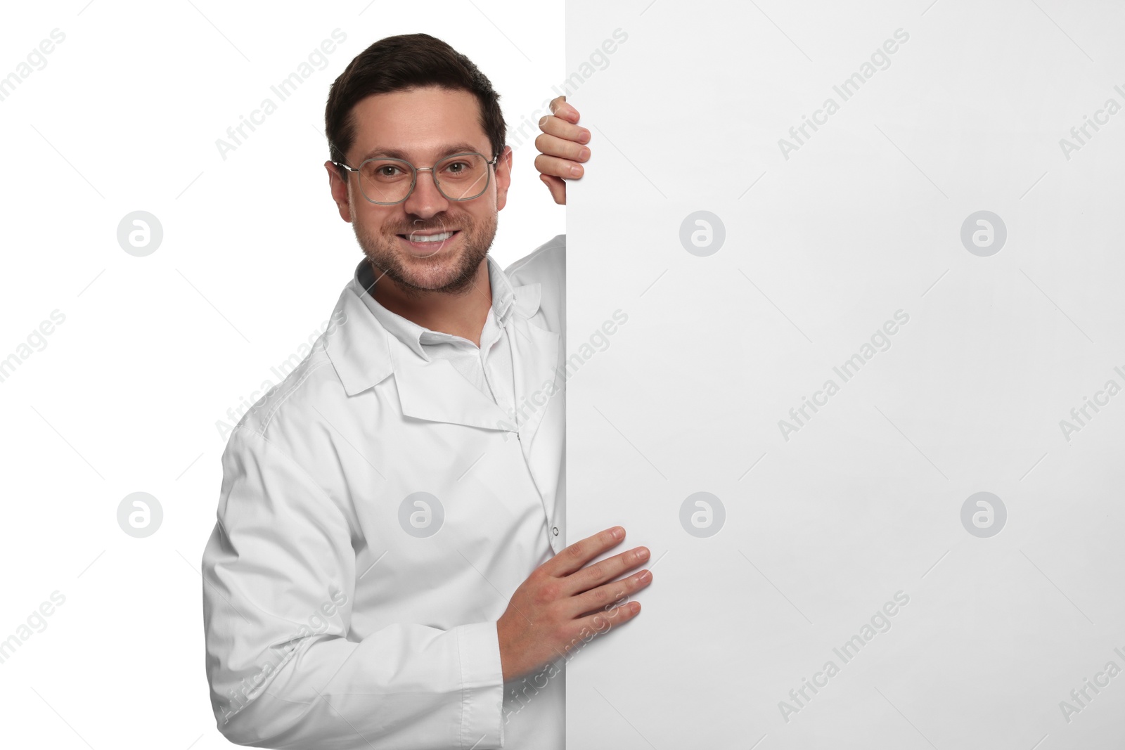 Photo of Ophthalmologist with blank banner on white background, space for text