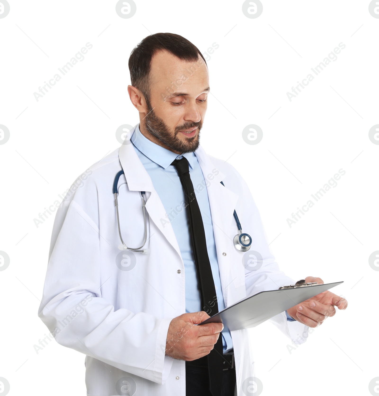 Photo of Portrait of male doctor with clipboard isolated on white. Medical staff