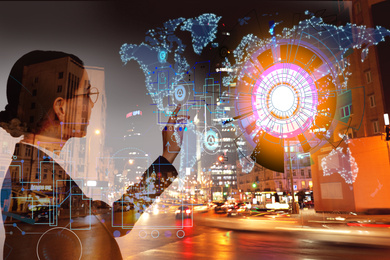 Image of Multiple exposure of young businesswoman, graph and night cityscape 