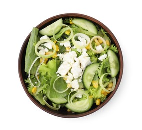 Photo of Bowl of tasty salad with leek and cheese isolated on white, top view