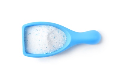 Photo of Measuring scoop with laundry powder isolated on white, top view