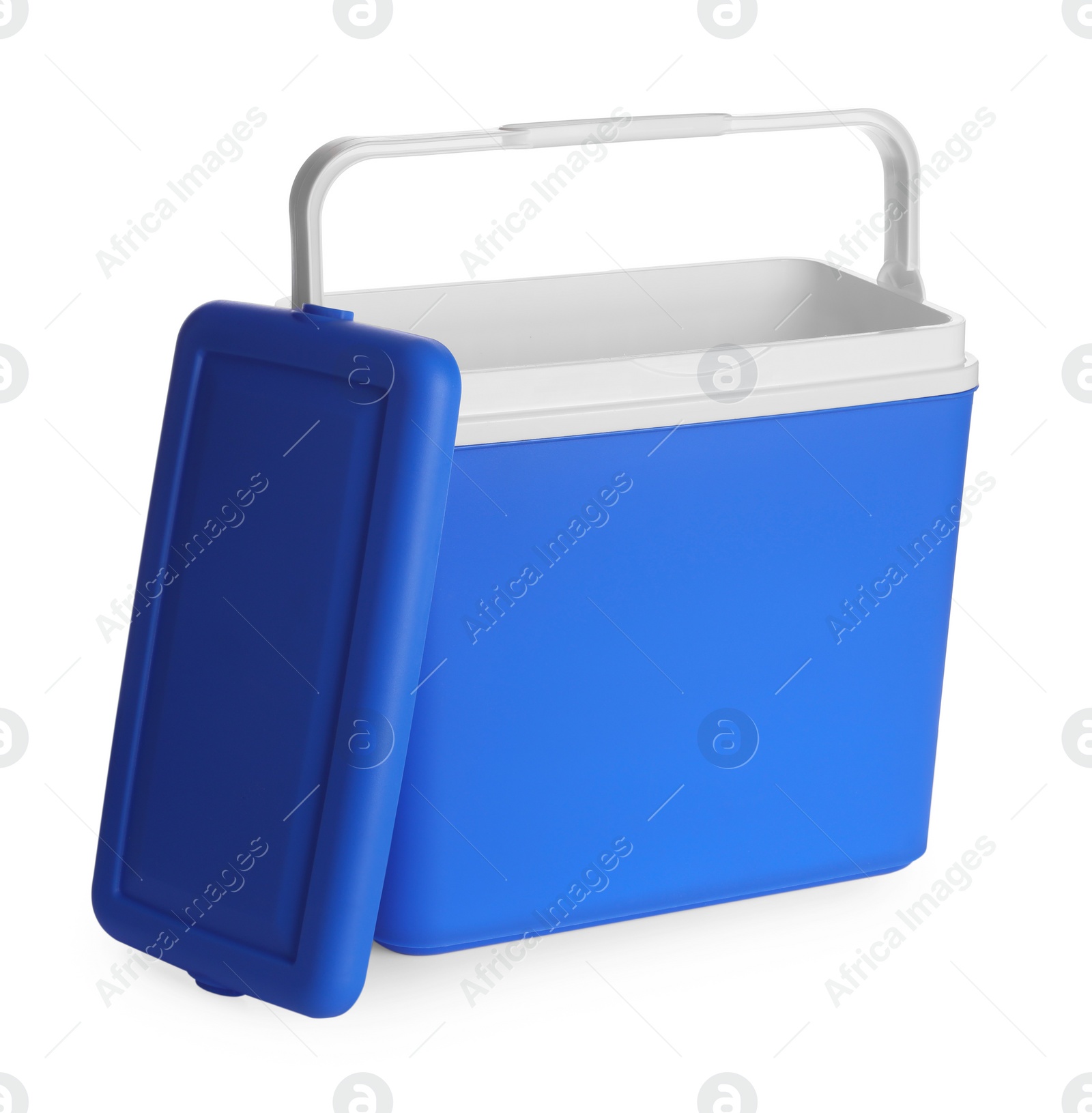 Photo of Open blue plastic cool box isolated on white
