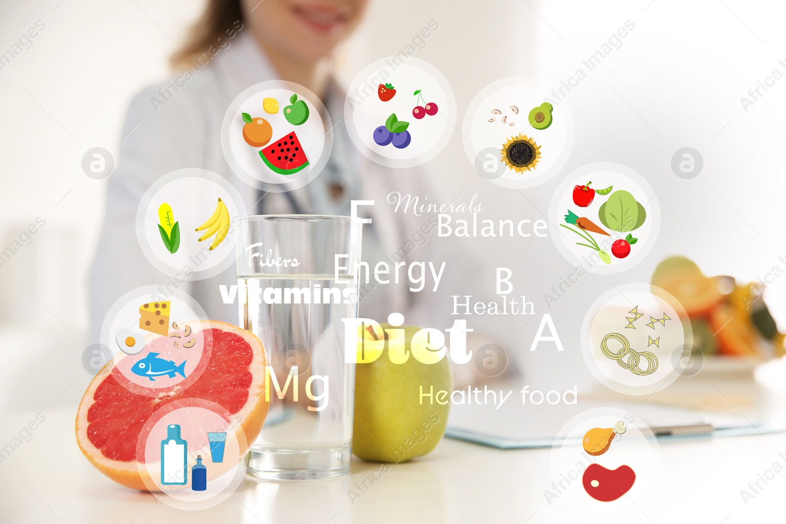 Image of Nutritionist's recommendations. Doctor with healthy products at table, closeup