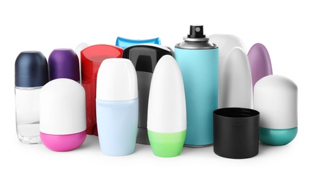 Photo of Set of different deodorants on white background