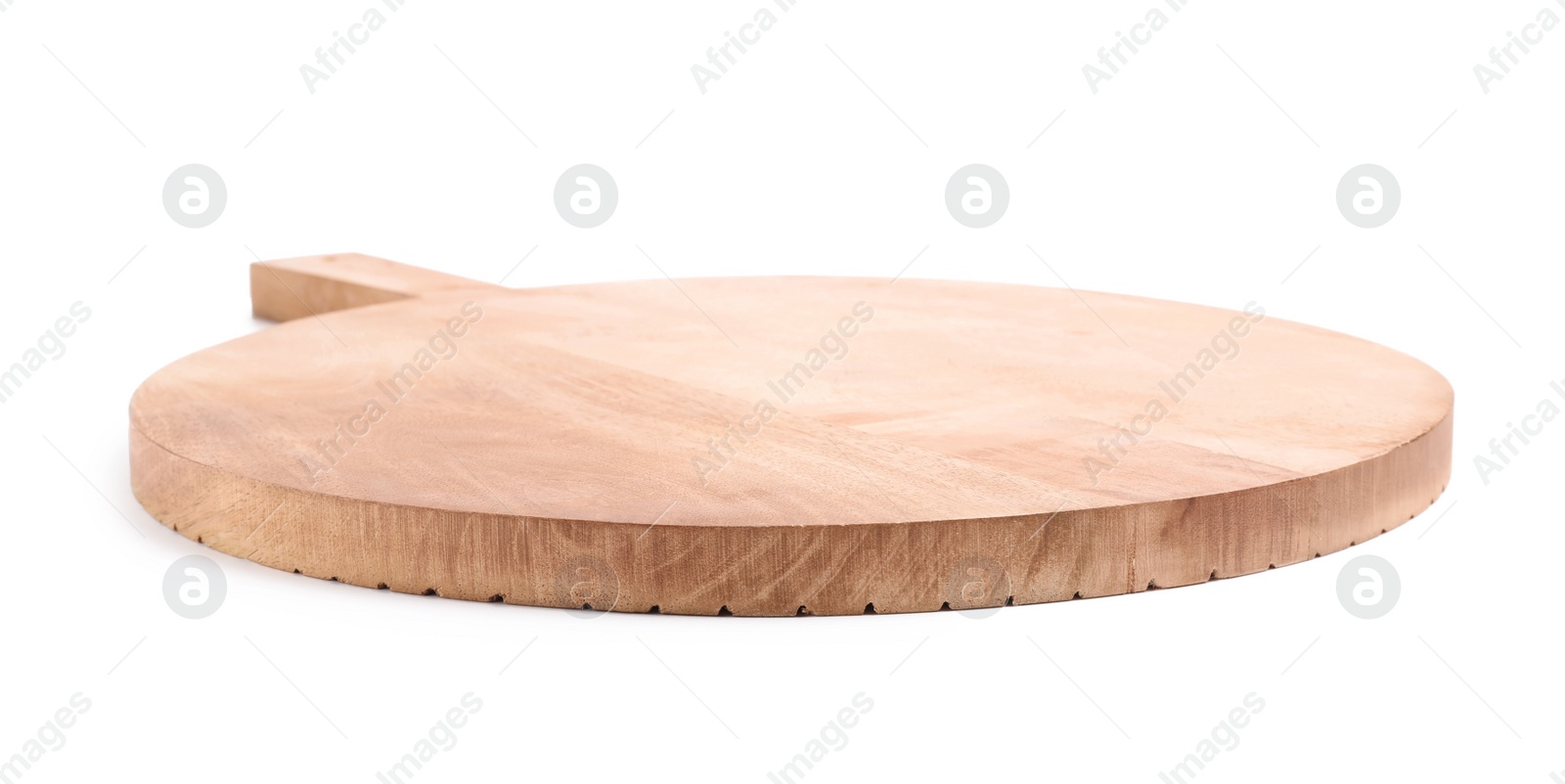 Photo of Round wooden cutting board isolated on white