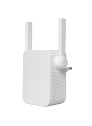 Photo of New modern Wi-Fi repeater on light gray background