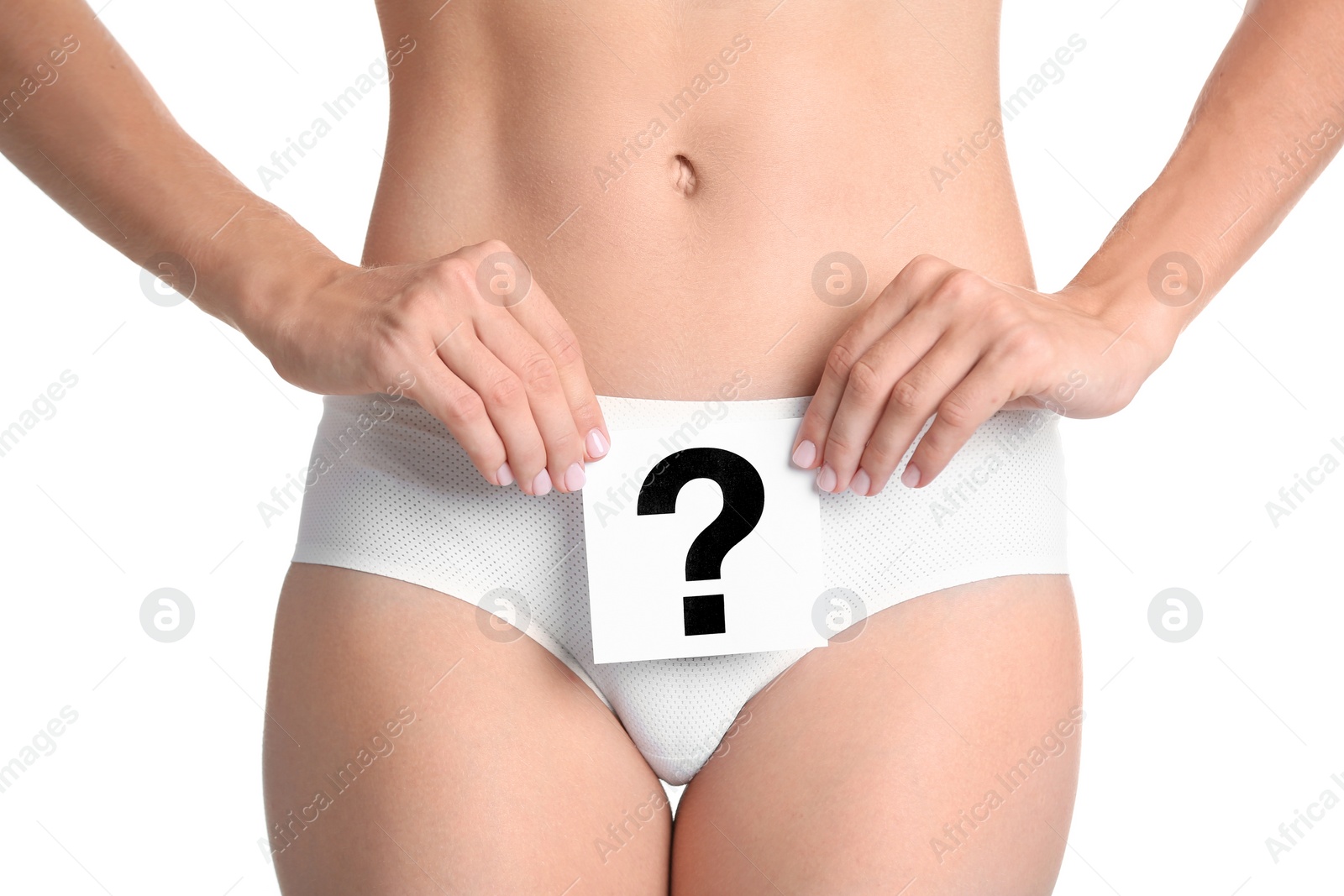 Photo of Young woman holding card with question mark on white background. Gynecology concept