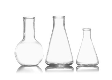 Group of empty chemistry glassware isolated on white