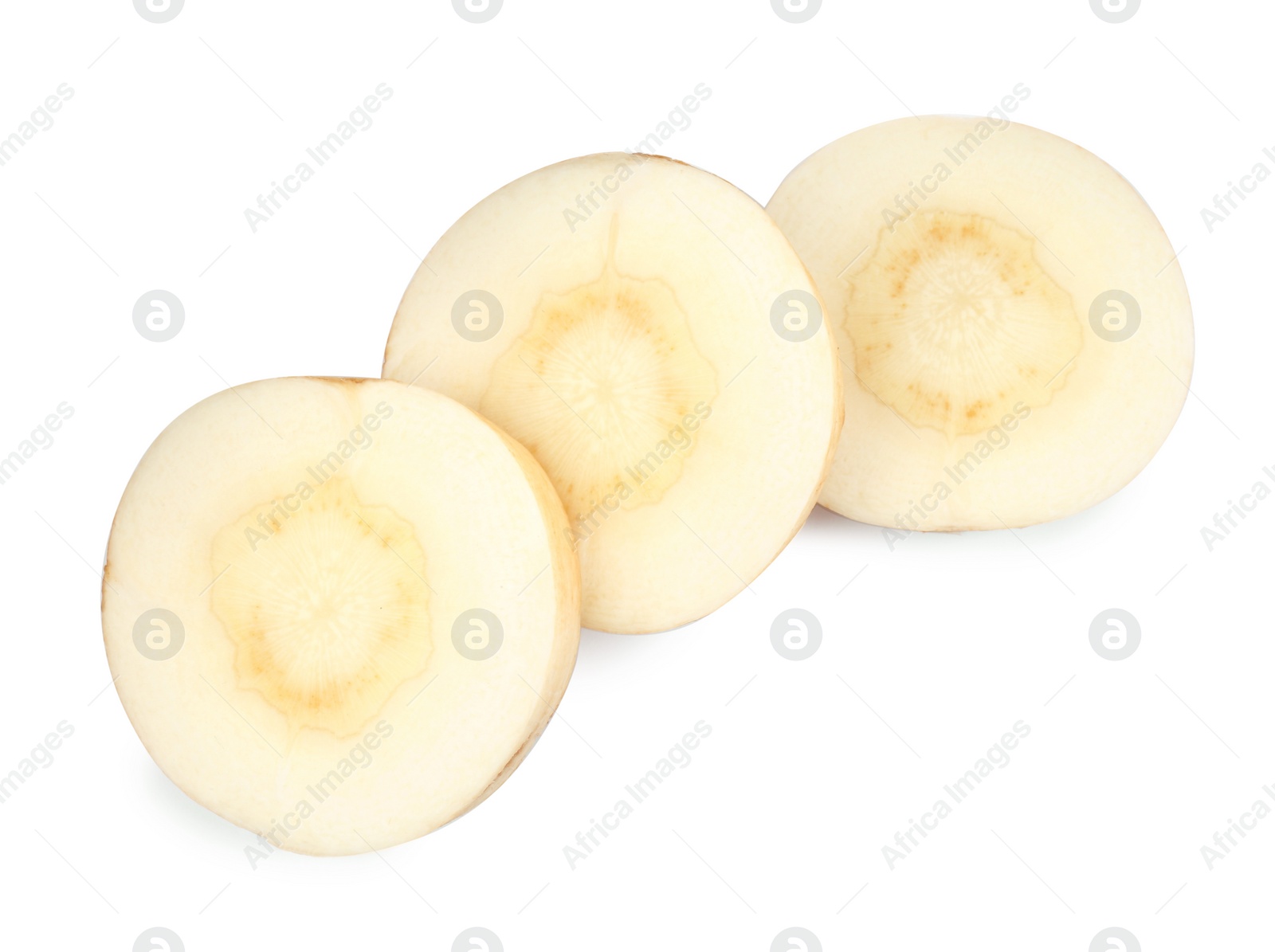 Photo of Tasty cut fresh ripe parsnip on white background, top view