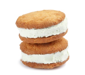 Photo of Sweet delicious ice cream cookie sandwiches on white background