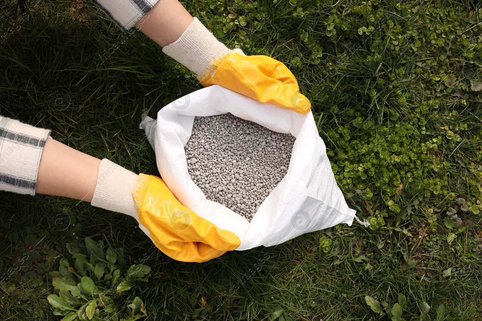 Photo of Woman with bag of fertilizer on green grass outdoors, top view