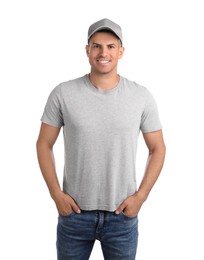 Happy man in grey cap and tshirt on white background. Mockup for design