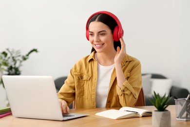 Photo of Woman in headphones studying on laptop at home. Online translation course