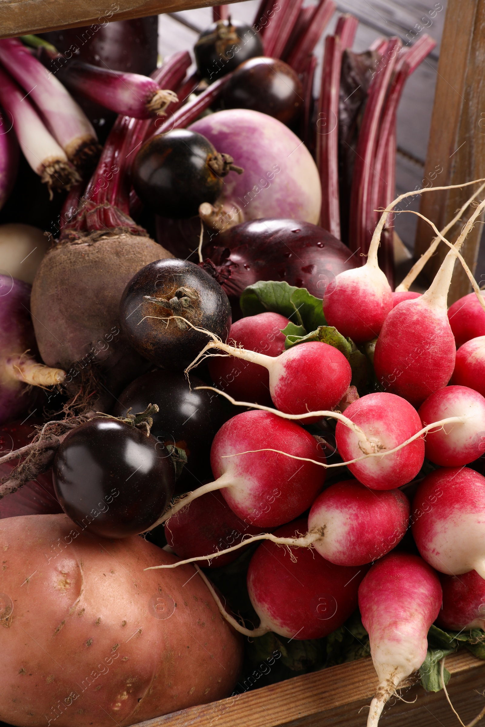 Photo of Different fresh ripe vegetables on wooden table, closeup