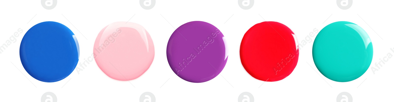 Image of Set of different nail polishes samples on white background, top view. Banner design