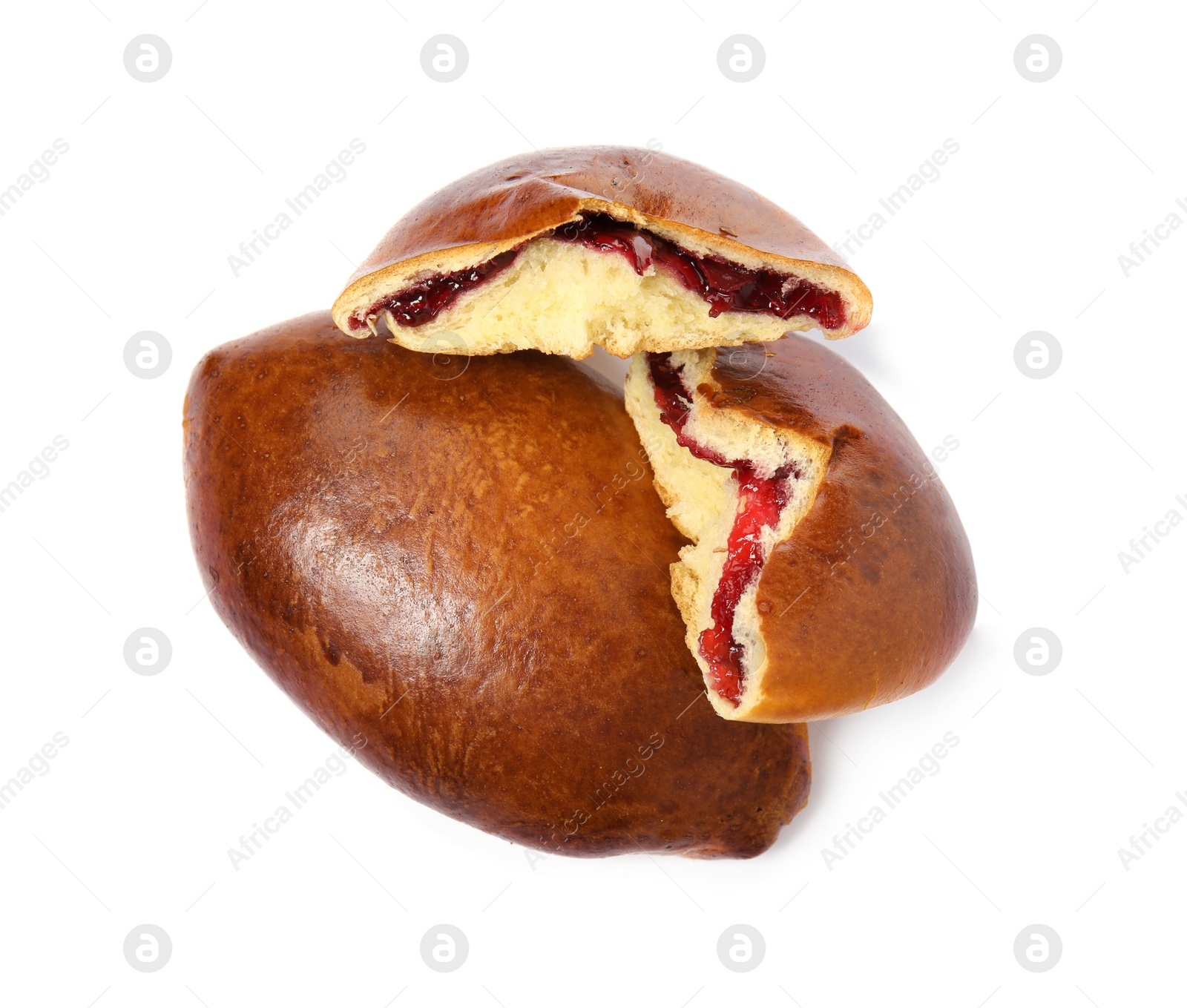 Photo of Delicious baked cranberry pirozhki on white background, top view