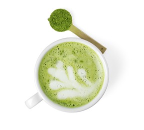 Photo of Cup of fresh matcha latte and powder isolated on white, top view
