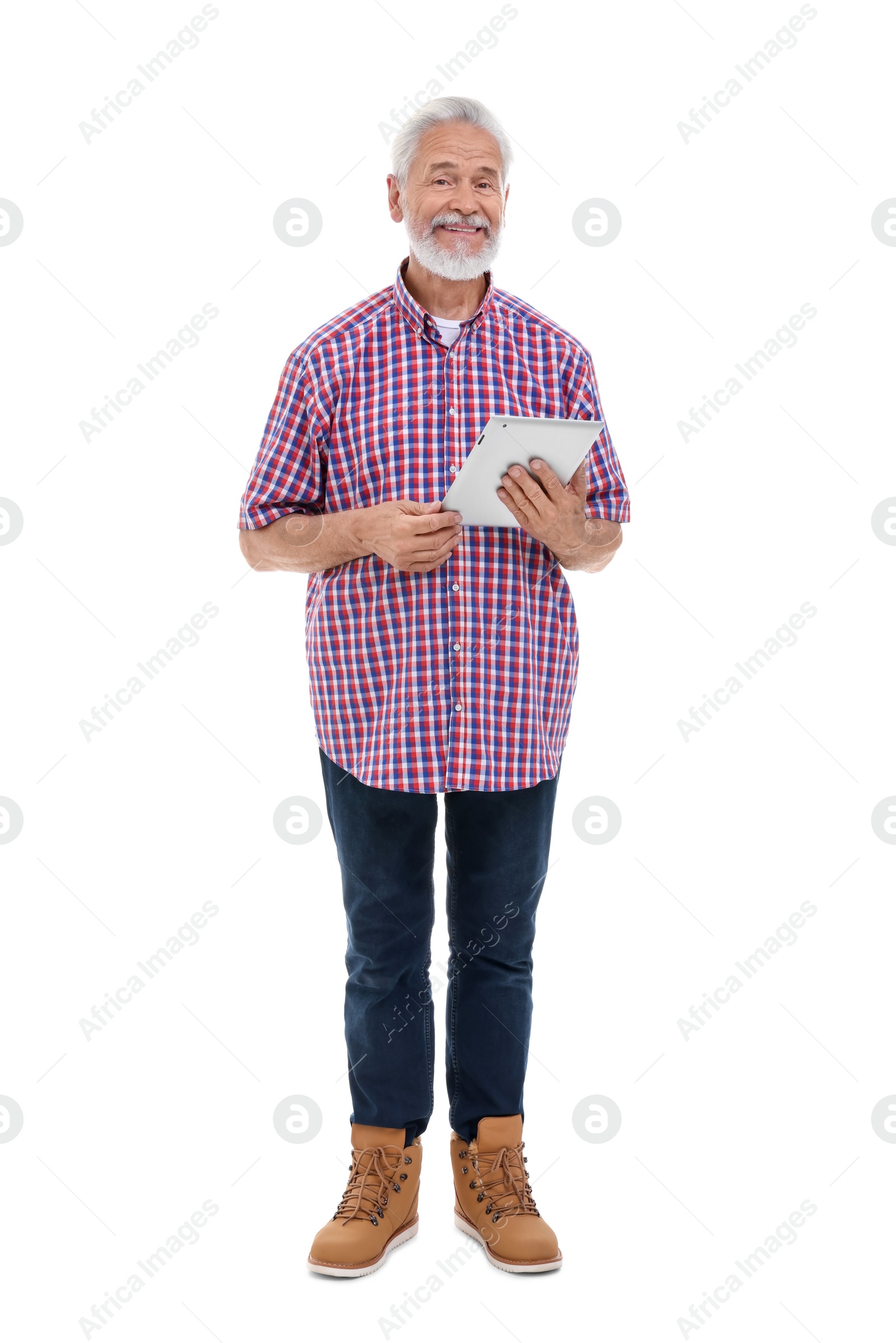 Photo of Smiling man with tablet on white background