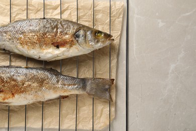 Photo of Baked fish on light marble table, top view. Space for text