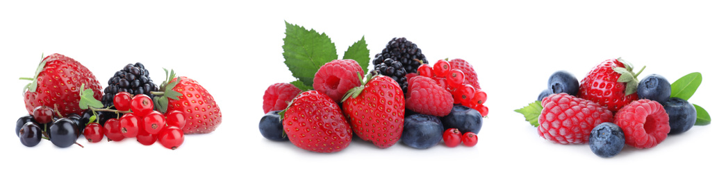 Image of Set of different mixed berries on white background, banner design 