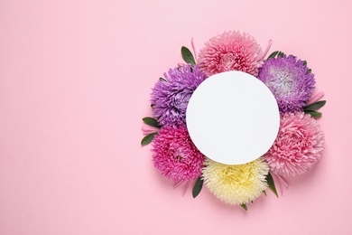 Flat lay composition with beautiful aster flowers and blank card on pink background. Space for text