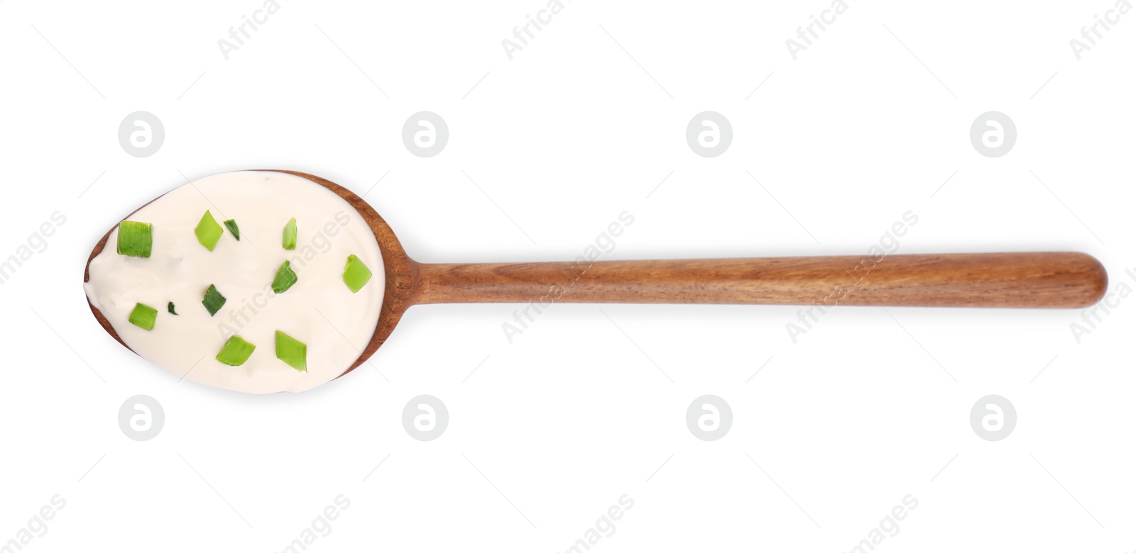 Photo of Fresh sour cream with onion on white background, top view