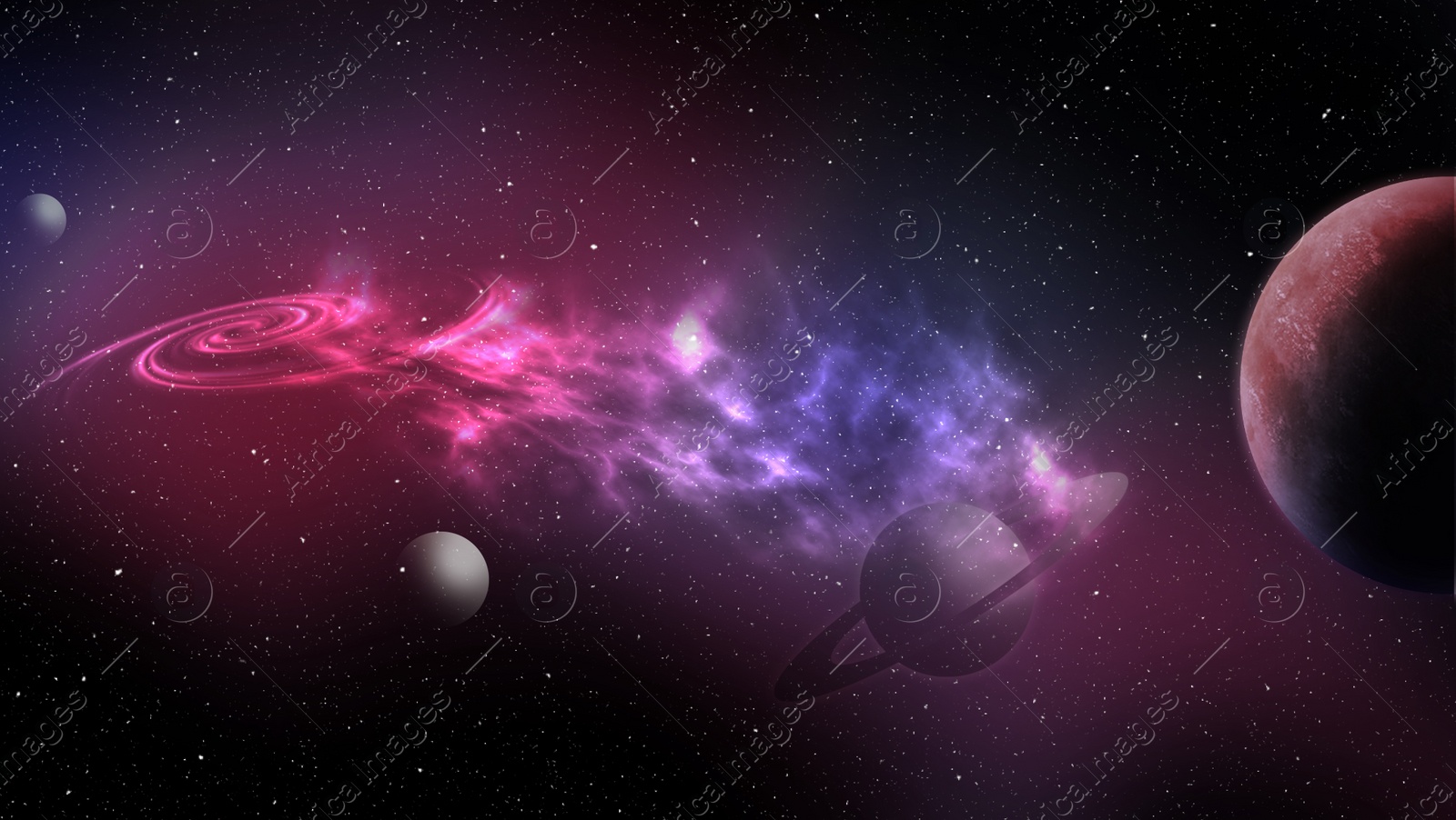 Illustration of Amazing illustration of galaxy with stars and planets, banner design. Fantasy world