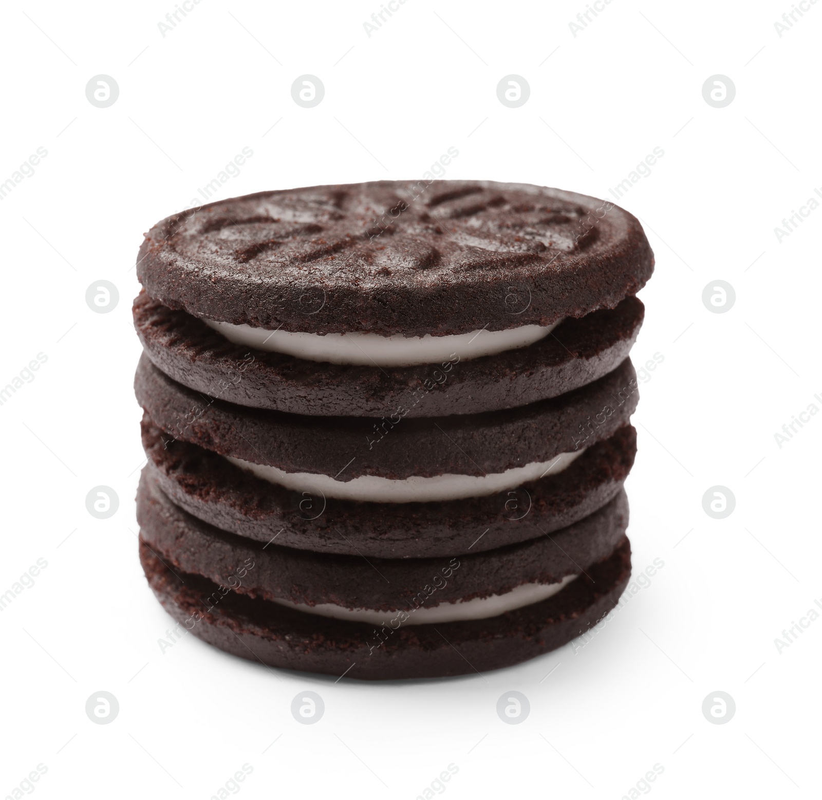 Photo of Stack of tasty sandwich cookies isolated on white