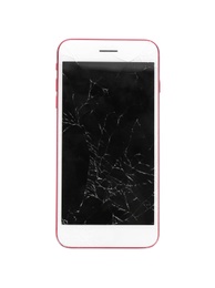 Modern smartphone with broken display isolated on white. Device repair service