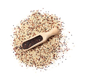 Photo of Mixed quinoa seeds and scoop with black grains on white background, top view