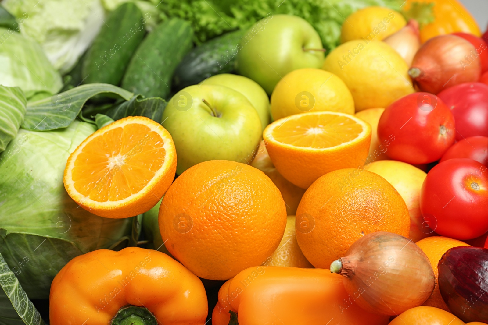 Photo of Colorful ripe fruits and vegetables as background, closeup