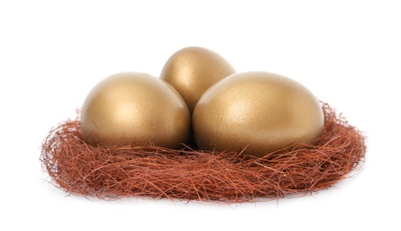 Photo of Golden eggs in nest on white background