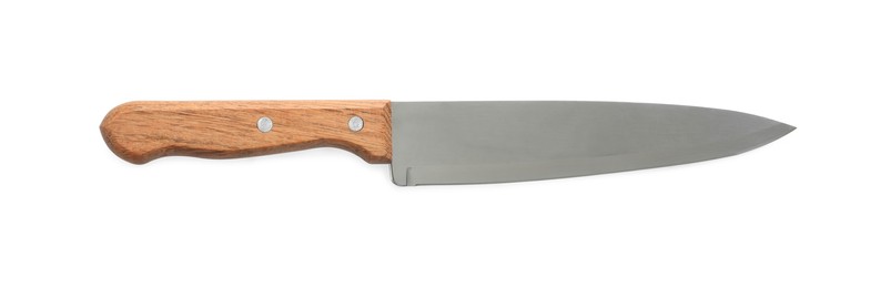 Photo of One sharp knife isolated on white, top view