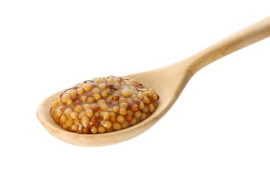 Photo of Spoon with fresh whole grain mustard isolated on white