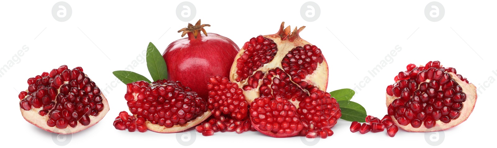 Image of Tasty ripe pomegranates on white background, collage. Banner design