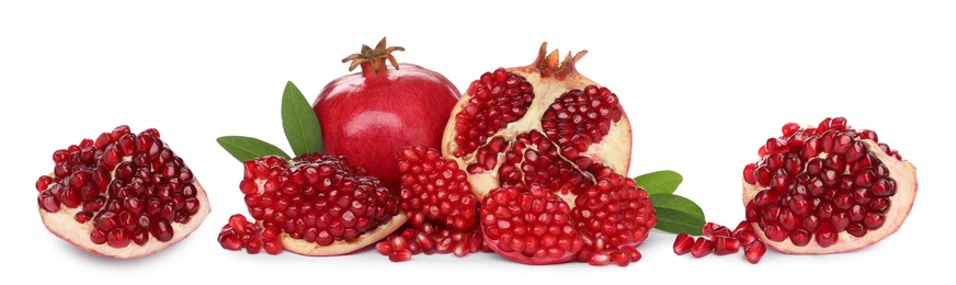 Image of Tasty ripe pomegranates on white background, collage. Banner design