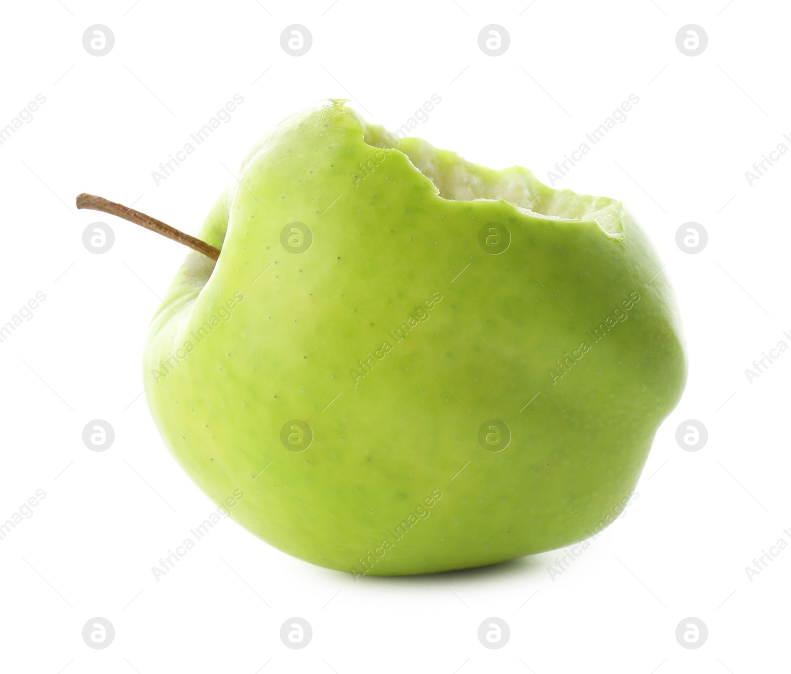 Photo of Fresh green apple with bite mark isolated on white